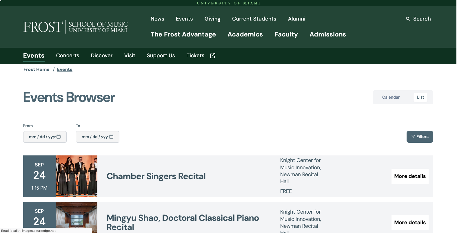 Frost School of Music events calendar — primary screenshot